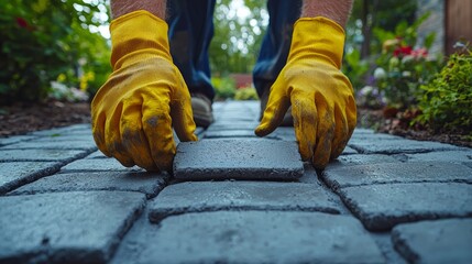 Worker hands placing cobblestone block in garden path