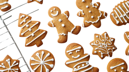 Gingerbread cookies in festive shapes on white background