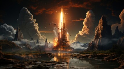 A Burning Tower in a Fantasy Landscape