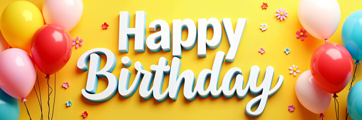 Holiday card. Colorful birthday greeting with the words Happy Birthday prominently displayed, surrounded by balloons and confetti.