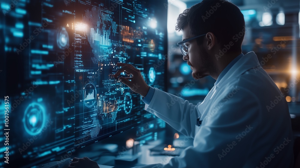 Poster scientist analyzing data on a digital interface in a modern laboratory setting during a late evening
