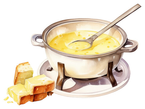 watercolor cheese fondue pot with bread clip art preview