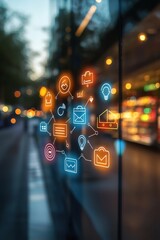 Fototapeta premium Colorful digital marketing icons illuminate a glass surface at night, creating a vibrant visual that represents modern technology and connectivity in urban life.