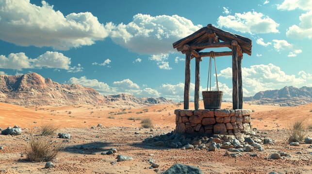 Rustic stone well in a desert landscape with mountains