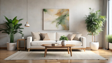  minimalist living room with a cozy white sofa, wooden side table, and neutral decor