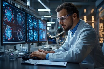 A scientist analyzing data on a computer, deep in thought, surrounded by scientific papers and complex charts in a modern laboratory