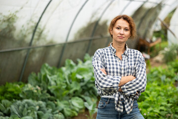Portrait of woman with a rake in her hands inside a greenhouse with a harvest of vegetables and...