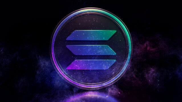 Solana logo and coin with shiny elements