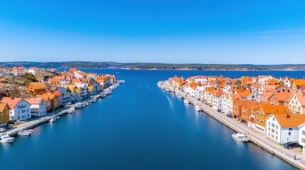 Fototapeta premium Colorful Swedish Town by the Sea Aerial View Sunny Day Waterfront Homes Boats Harbor