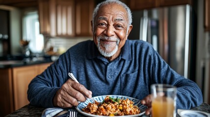 A senior man sitting in his dining room, savoring a healthy, freshly delivered meal, reflecting the comfort and nourishment provided by the meal delivery program