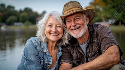 A senior couple smiling as they fish together by a peaceful lake, enjoying the tranquility and connection to nature, showcasing leisurely pursuits during their retirement