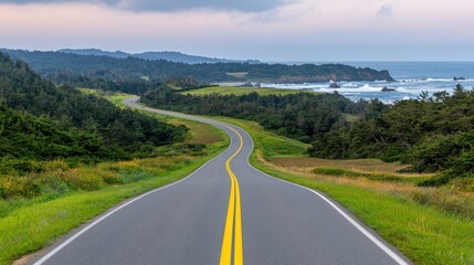 Obraz premium Winding Coastal Highway with Ocean View and Green Trees