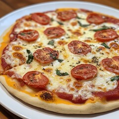 Delicious Homemade Italian Pizza with Tomatoes  Cheese  and Basil