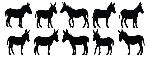 Donkey silhouettes set, animal pack of vector silhouette design, isolated background