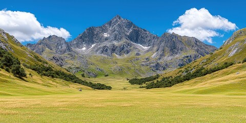 Obraz premium Majestic Mountain Valley Landscape with Lush Meadow and Dramatic Peaks