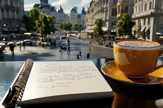 Hyper-realistic view of a traveler journaling lessons from yesterdayâ€™s journey, where every page of the notebook and detail of the cafÃ© setting is rendered in lifelike precision.