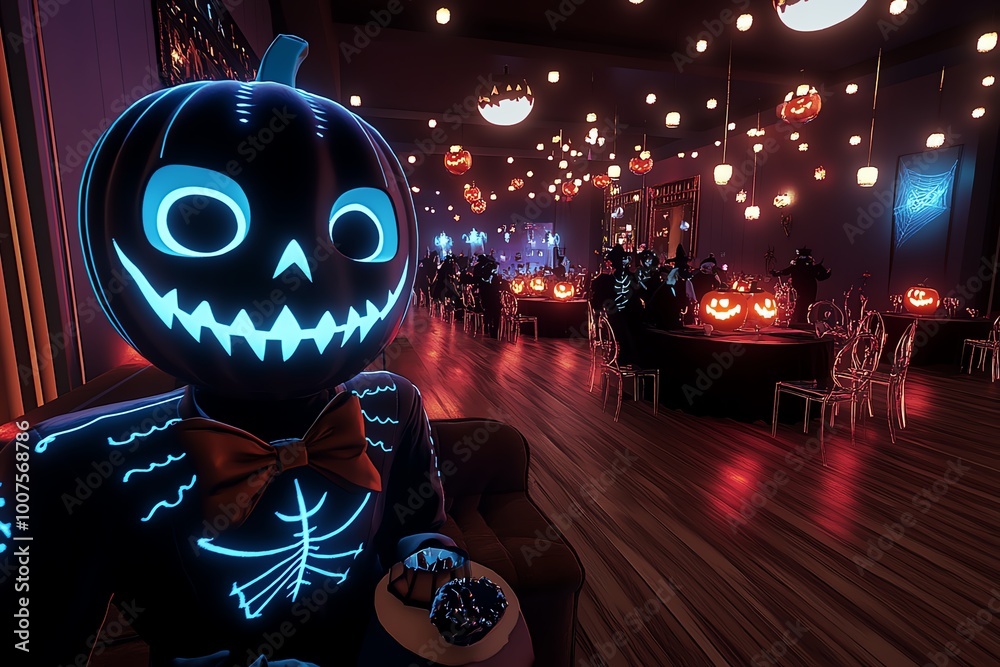 Poster interactive 3d digital halloween party scene, where users can explore a fully animated environment w
