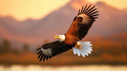 Obraz premium Majestic Bald Eagle Soaring at Sunset Over Mountains and Lake