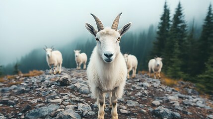 Obraz premium Herd of Mountain Goats Traversing Misty Forest Trail on Rocky Hillside