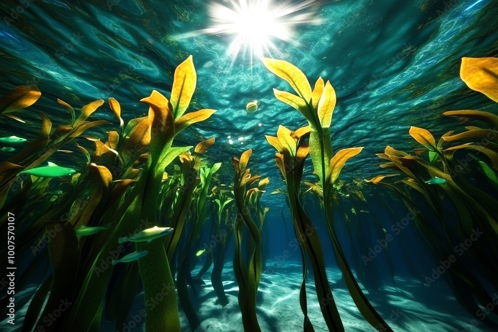 Poster interactive 3d digital model of a kelp forest, where users can explore the ocean floor, swimming thr