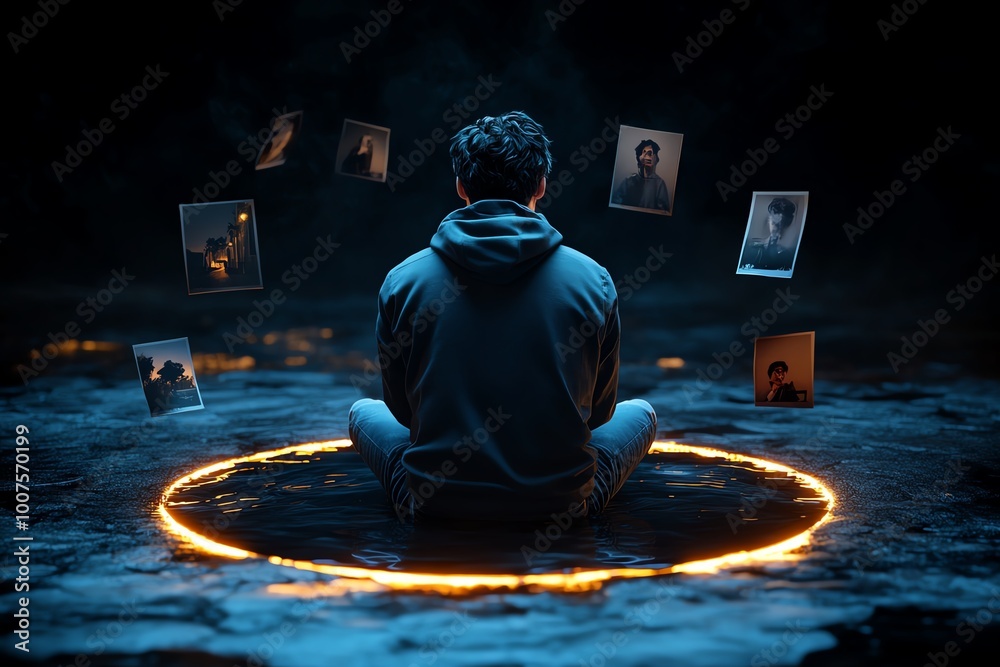 Poster Interactive 3D digital scene of a person reflecting on yesterdayâ€™s decisions, where users can explore floating images, notes, and animated reflections of past experiences.