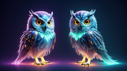 Fototapeta premium Two colorful, glowing owls with vibrant feathers against a dark background.