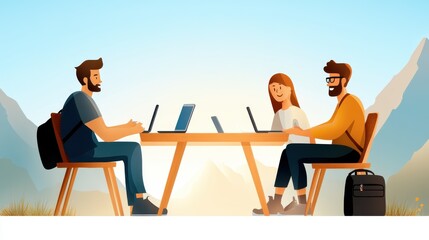 Three people sitting at an outdoor table with laptops, surrounded by mountains, symbolizing the balance between work and nature, productivity, and enjoyment.