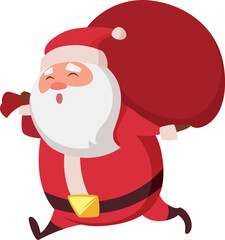 Santa run with gift sack. Cartoon christmas mascot