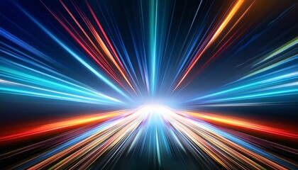 A vibrant burst of colorful light beams radiates outward, creating a dynamic and energetic visual effect against a dark background.