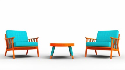 Fototapeta premium Two turquoise chairs and a round orange table in a minimalist setting.