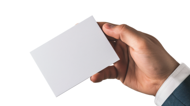 Hand holding a business card with example text design on white background
