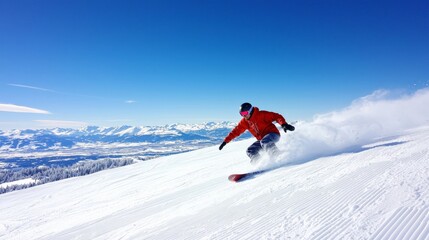 A snowboarder carving through fresh powder on a snowy mountain, with a bright blue sky and stunning winter landscape in the background