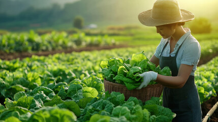 woman harvesting fresh lettuce in lush green fields, showcasing beauty of agriculture and natures bounty. sunlight enhances vibrant greens, creating serene atmosphere