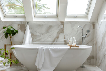 Stylish bathroom interior design with marble panels, bathtub, towels, and modern glamour personal bathroom accessories, roof window