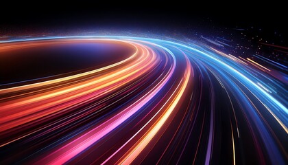A vibrant, dynamic swirl of colorful light trails against a dark background, evoking movement and energy.