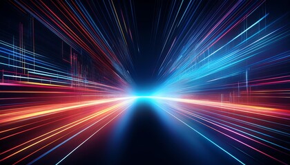 A vibrant display of light streaks converging towards a bright center, evoking a sense of speed and dynamic motion in a digital or futuristic setting.