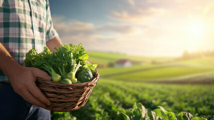 Fresh vegetables in basket held by farmer in lush green field, showcasing beauty of nature and joy of harvest. warm sunlight enhances vibrant colors of produce
