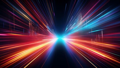 A vibrant, abstract representation of light streaks converging towards a central point, evoking a sense of speed and motion through space.