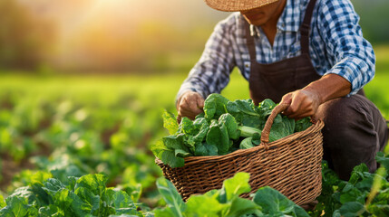 Fototapeta premium Harvesting fresh vegetables in lush green field, farmer carefully gathers leafy greens into woven basket, showcasing beauty of agricultural work and natures bounty