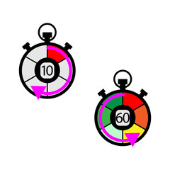 Countdown timer icons. Colorful stopwatch graphics. Vector time indicators. Bold circular shapes.