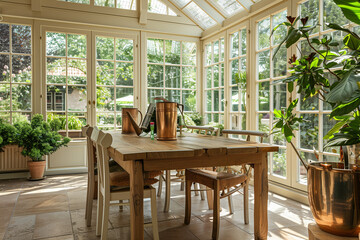 Stylish composition of oak wooden table, copper watering can, and modern floor in beautiful orangery with lush greenery and natural decor