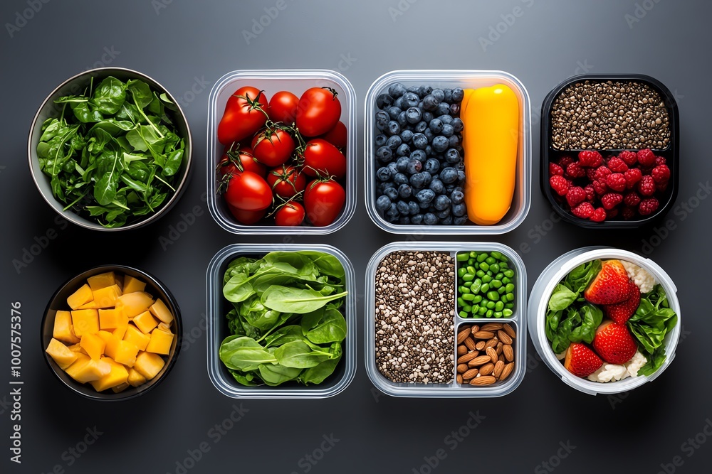 Poster minimalist design of a weekly meal prep plan, showing clean, simple containers filled with portions 
