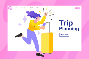 Trip planning and online travel booking concept. A happy woman with a suitcase is excited to book a vacation, using a smartphone app for a flight or hotel reservation for her summer holiday.