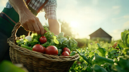 Fototapeta premium Harvesting fresh produce in organic farm, farmer gathers ripe tomatoes and leafy greens in woven basket under warm sunlight. scene captures essence of sustainable agriculture and joy of farming