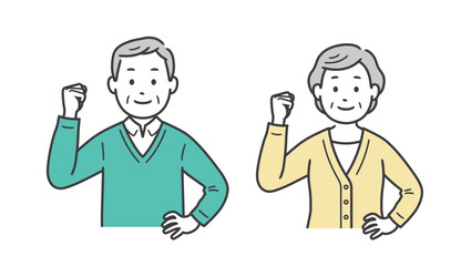 片手でガッツポーズをする高齢者男女の上半身イラスト
