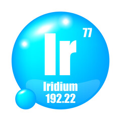 Iridium icon. Ir chemical element. Atomic number 77. Mass 192.22. Blue sphere image. Vector symbol.