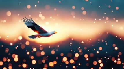 Fototapeta premium Majestic Eagle Soaring Through Sunset Sky with Bokeh Lights
