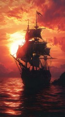 Obraz premium Majestic Ship Gliding Over Calm Ocean During Breathtaking Sunset picture