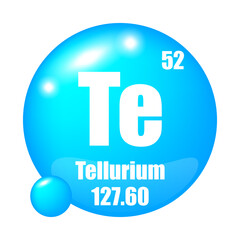 Tellurium icon. Te chemical element. Atomic number 52. Mass 127.60. Blue sphere image. Vector symbol.