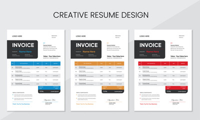 Modern and creative minimalist invoice layout | multiple color variation with blue, orange  and red color invoice design 